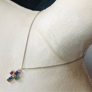 Vintage multi tone square shape gem cross on chain necklace